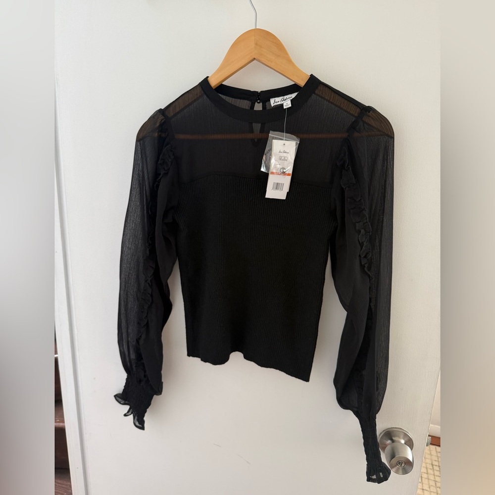 NWT Sam Edelman Black Knit and Sheer Sleeve Top Size Small